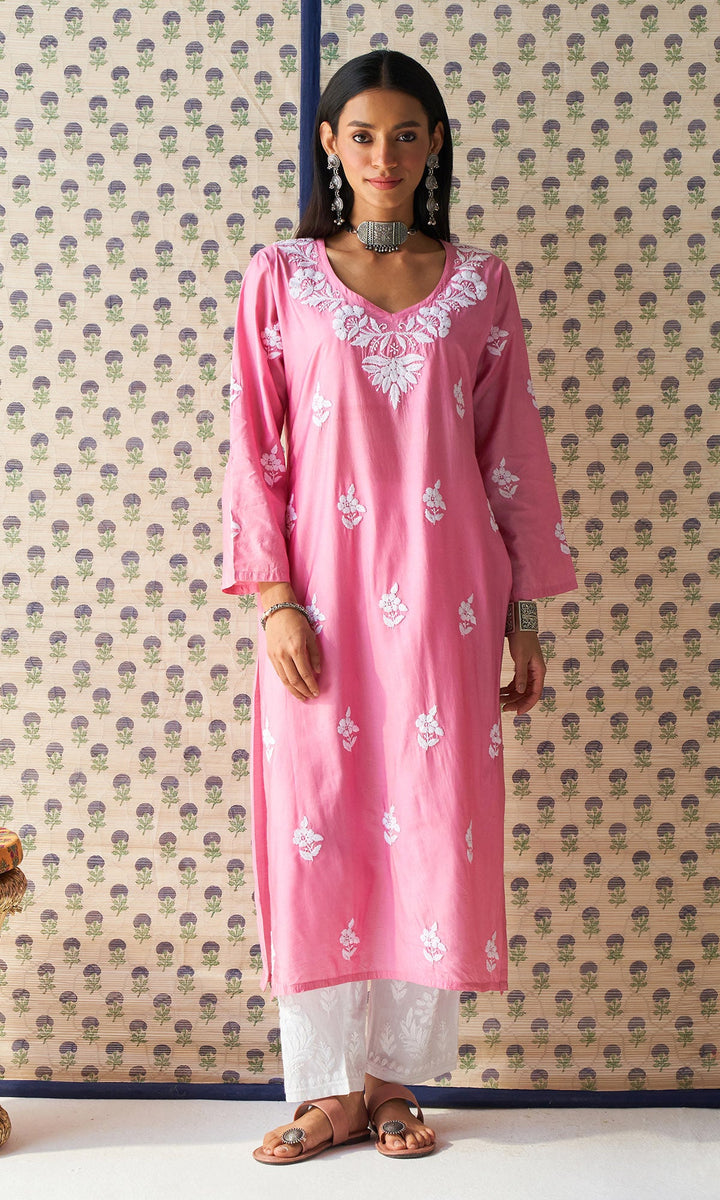 Handcrafted Chikankari Pink Straight Kurta