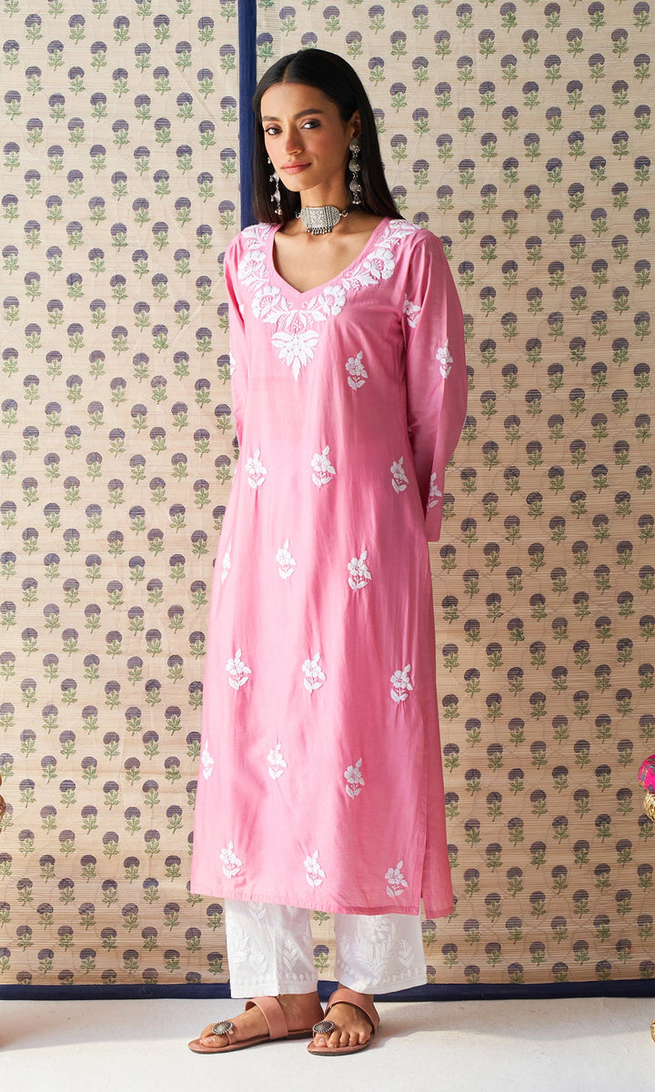 Handcrafted Chikankari Pink Straight Kurta