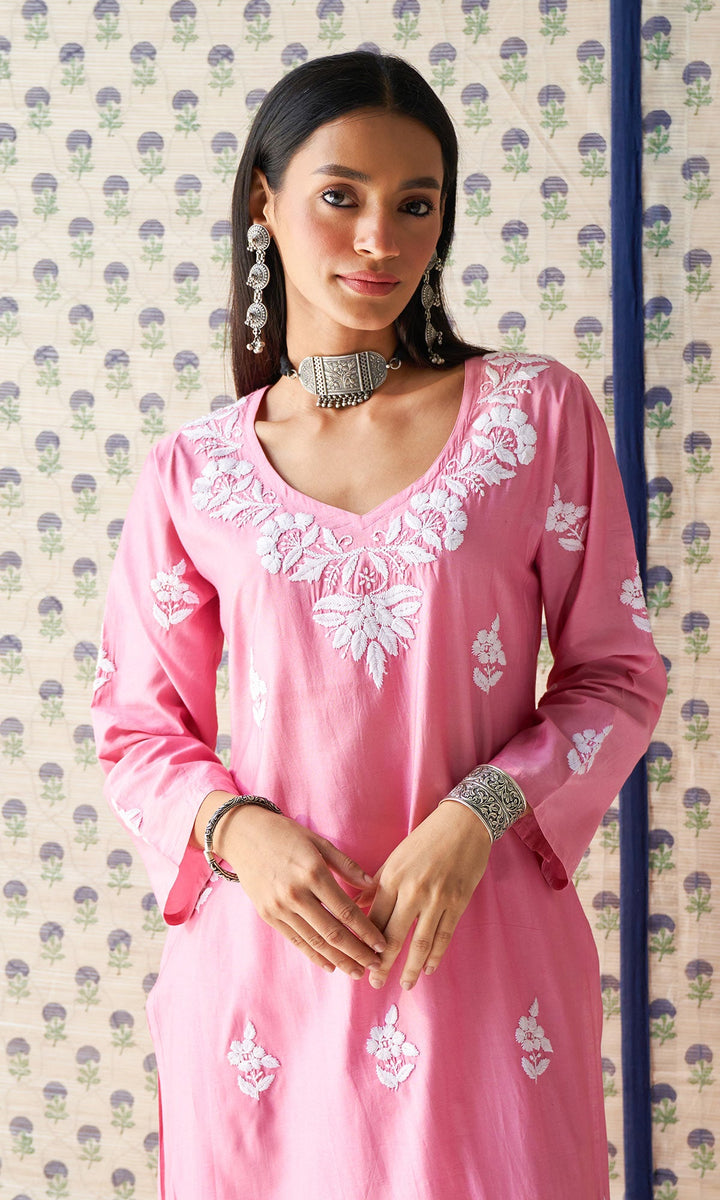 Handcrafted Chikankari Pink Straight Kurta