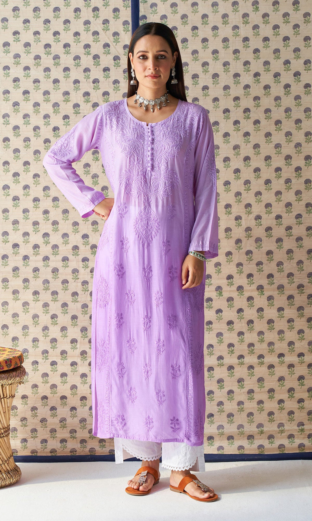 Handcrafted Chikankari Purple Ombre Straight Kurta