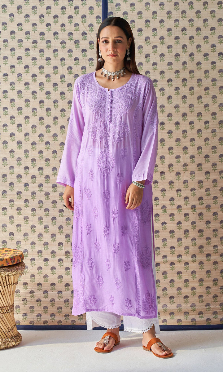 Handcrafted Chikankari Purple Ombre Straight Kurta