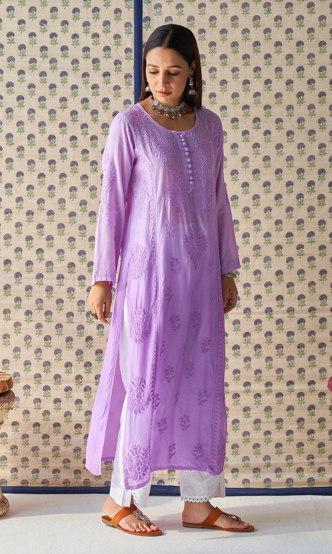 Handcrafted Chikankari Purple Ombre Straight Kurta