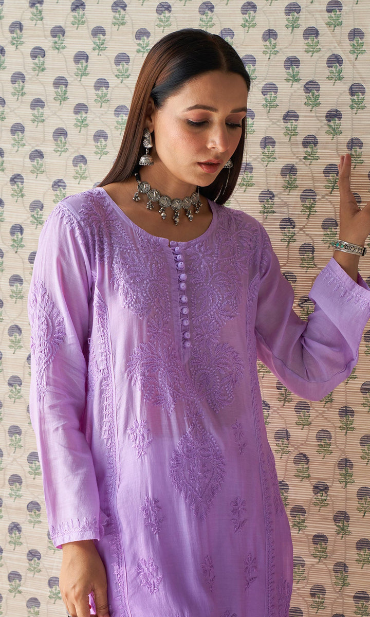 Handcrafted Chikankari Purple Ombre Straight Kurta
