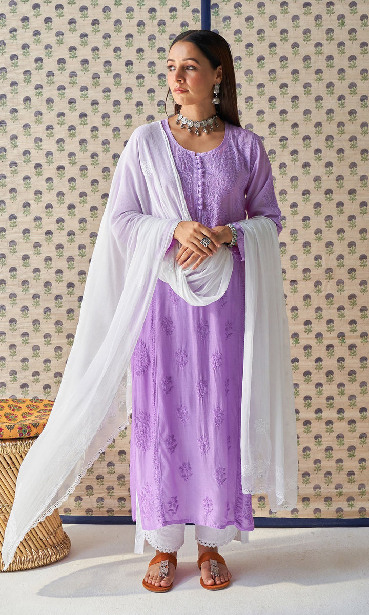 Handcrafted Chikankari Purple Ombre Straight Kurta
