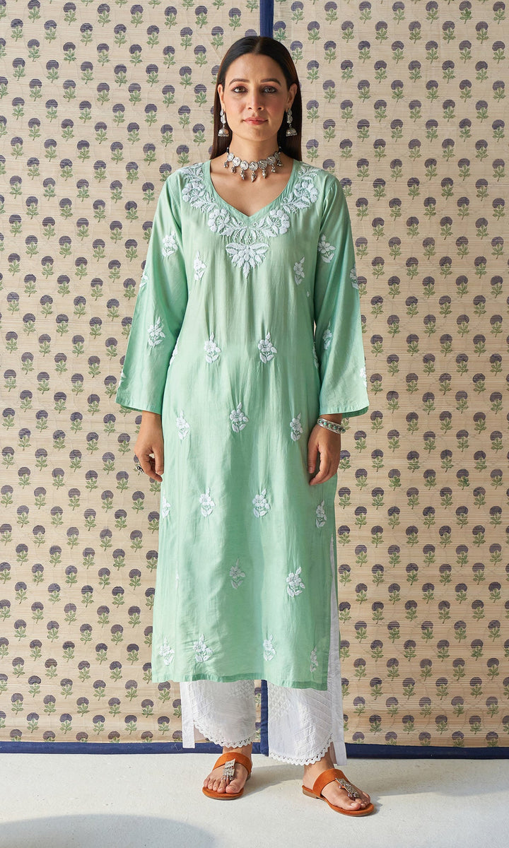 Handcrafted Chikankari Mint Green Straight Kurta