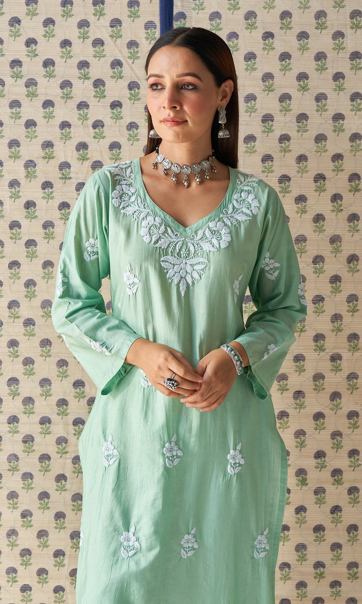 Handcrafted Chikankari Mint Green Straight Kurta