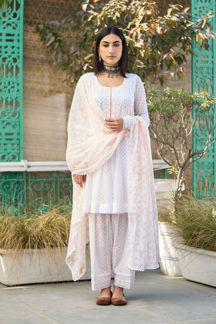 Ombre yellow block printed short anarkali with salwar and dupatta ( Set of 3 )