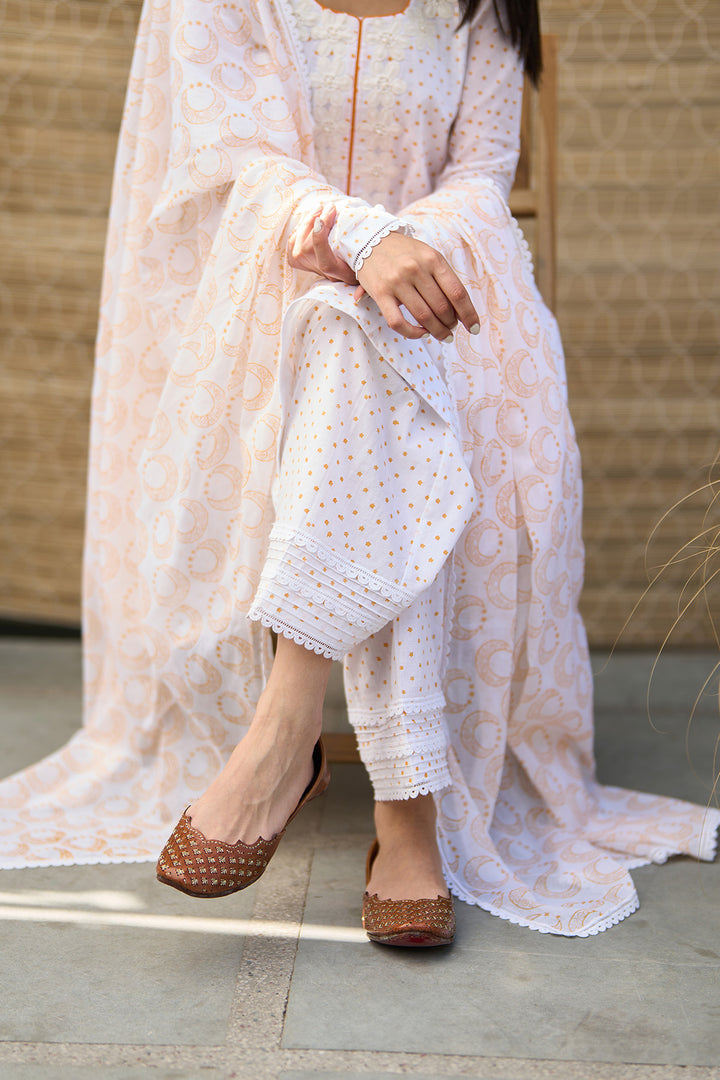 Ombre yellow block printed short anarkali with salwar and dupatta ( Set of 3 )