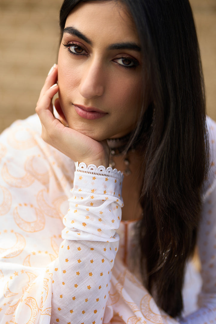 Ombre yellow block printed short anarkali with salwar and dupatta ( Set of 3 )