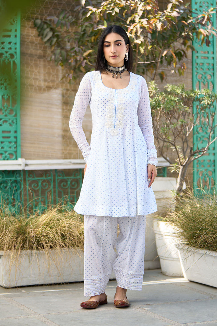 Ombre blue block printed short anarkali with salwar and dupatta ( Set of 3 )