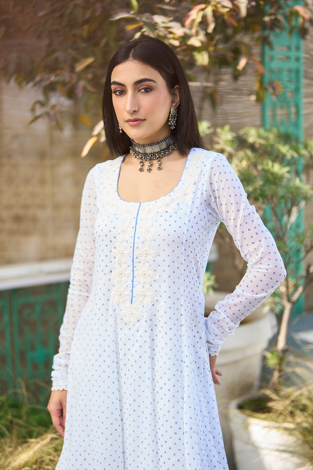 Ombre blue block printed short anarkali with salwar and dupatta ( Set of 3 )