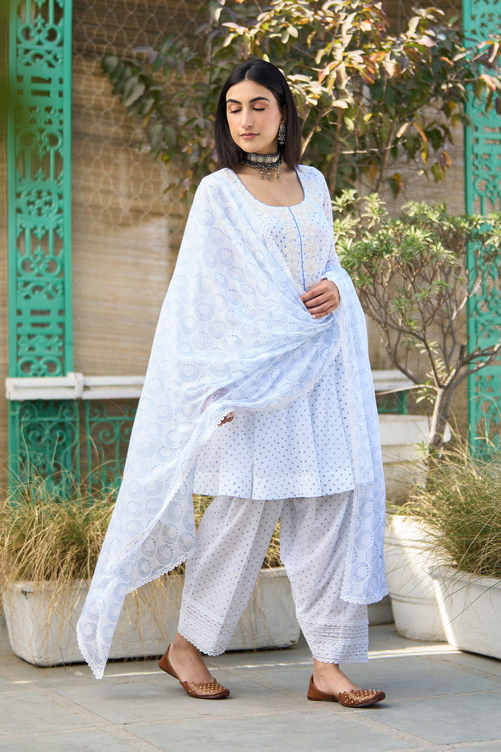 Ombre blue block printed short anarkali with salwar and dupatta ( Set of 3 )