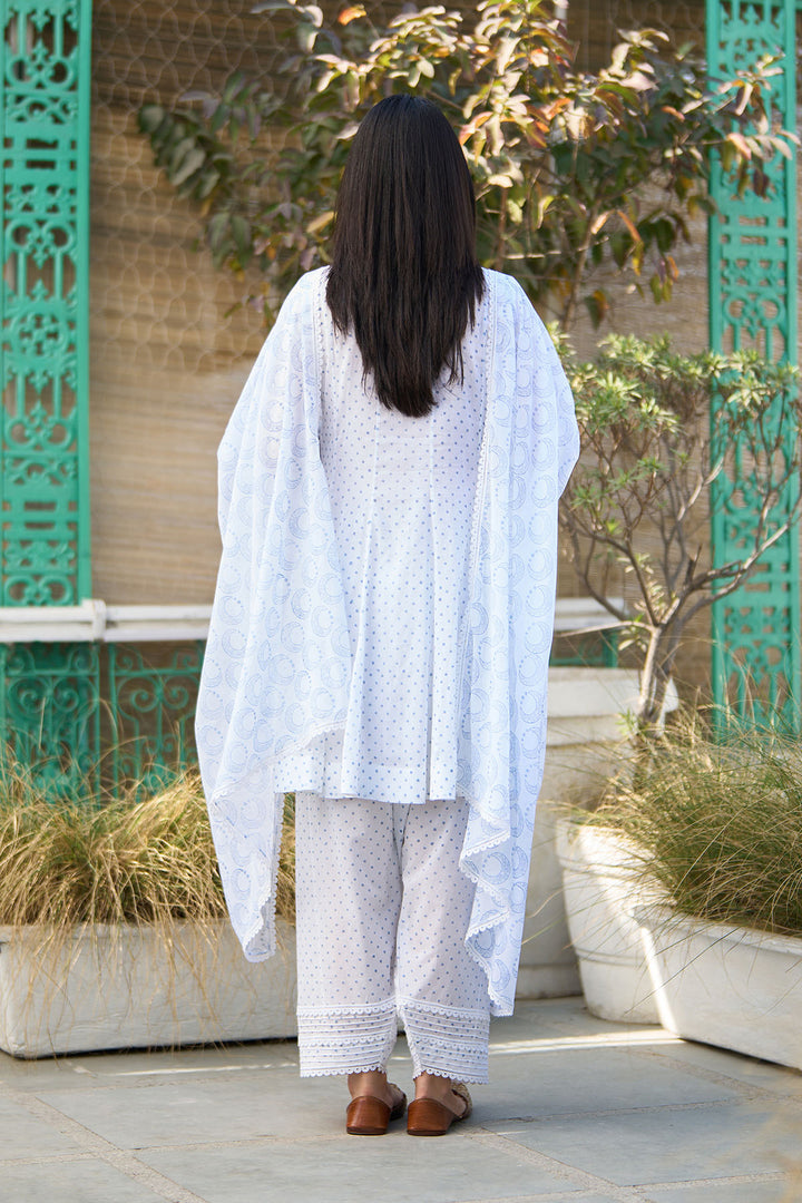 Ombre blue block printed short anarkali with salwar and dupatta ( Set of 3 )