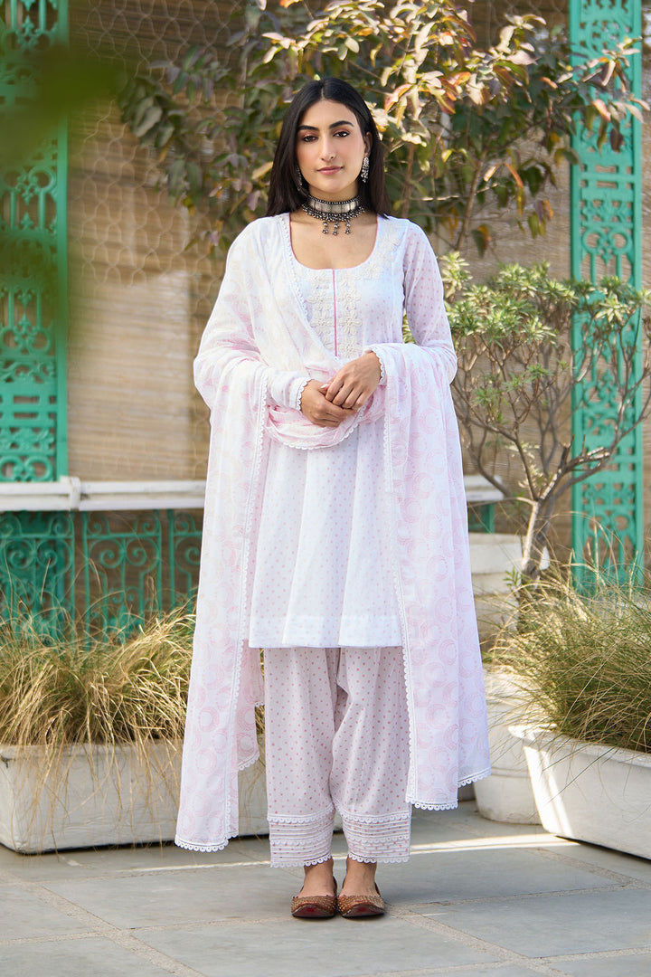 Ombre pink block printed short anarkali with salwar and dupatta ( Set of 3 )