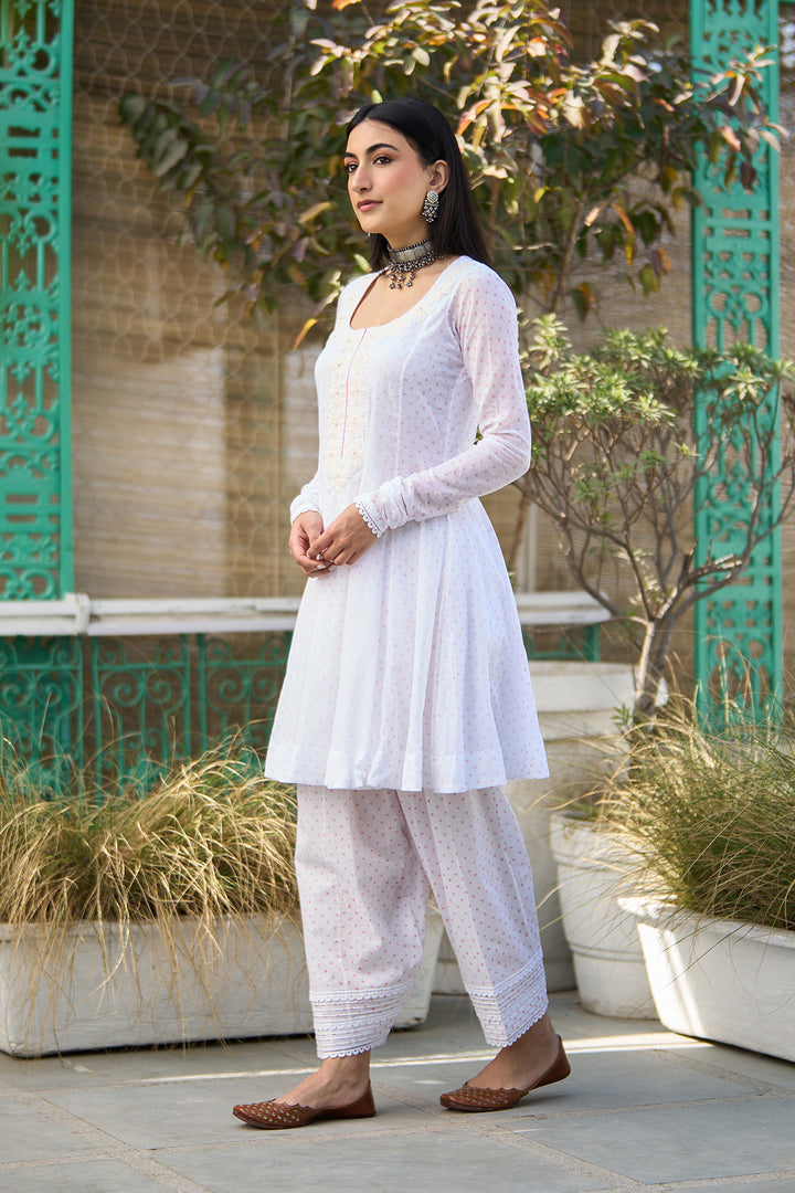 Ombre pink block printed short anarkali with salwar and dupatta ( Set of 3 )