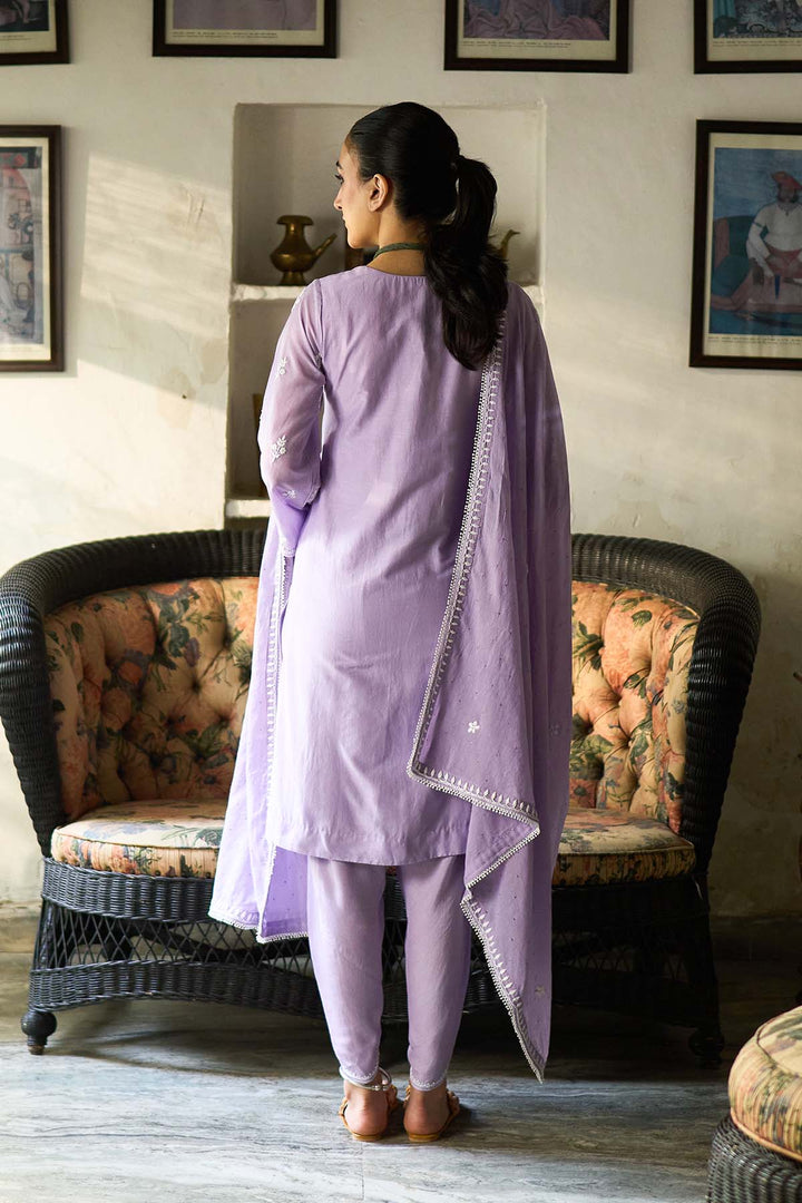 Chikankari lilac short kurta with tulip pants and dupatta ( set of 3 )
