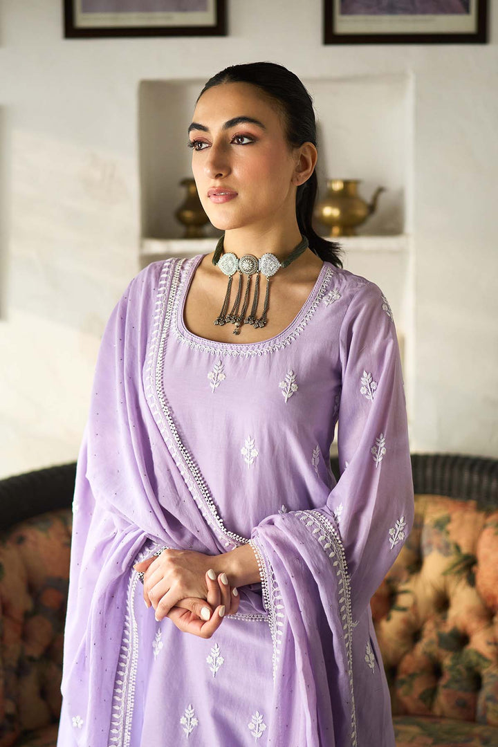 Chikankari lilac short kurta with tulip pants and dupatta ( set of 3 )