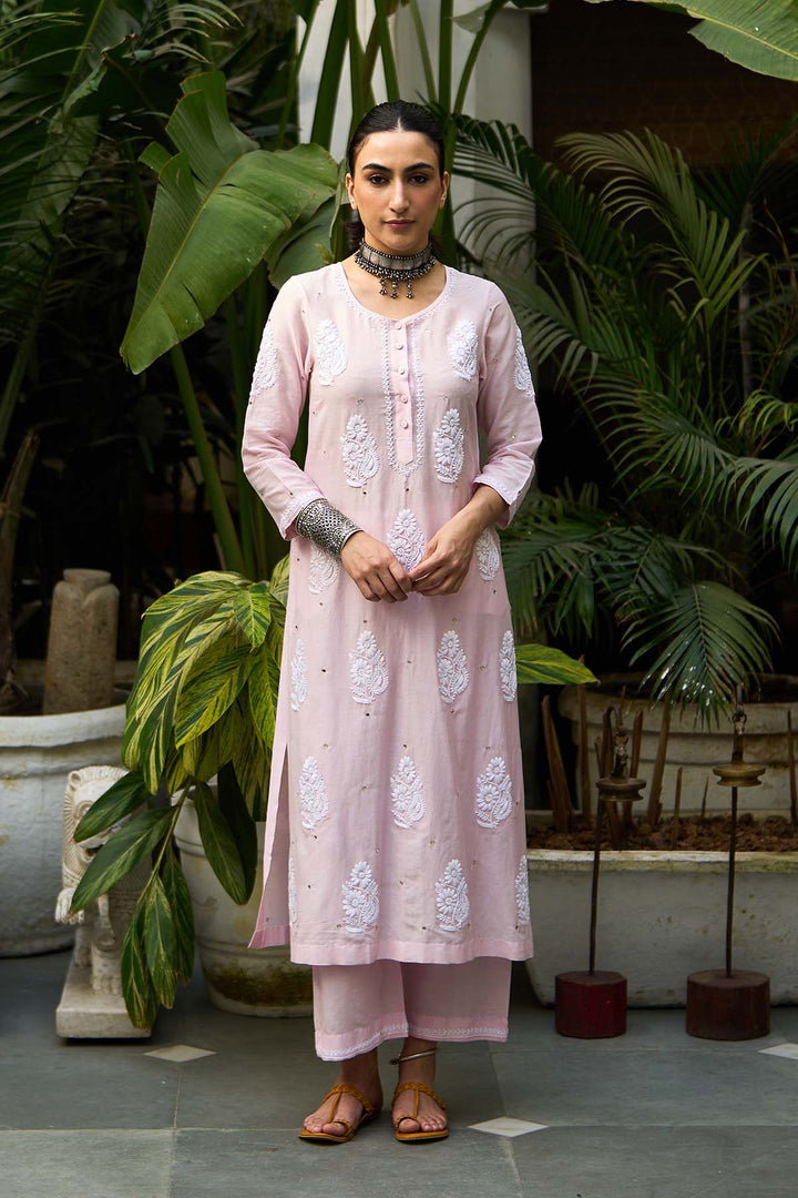 Chikankari pink straight kurta with palazzo ( set of 2 )