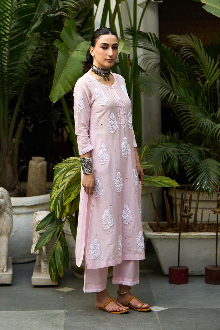 Chikankari pink straight kurta with palazzo ( set of 2 )