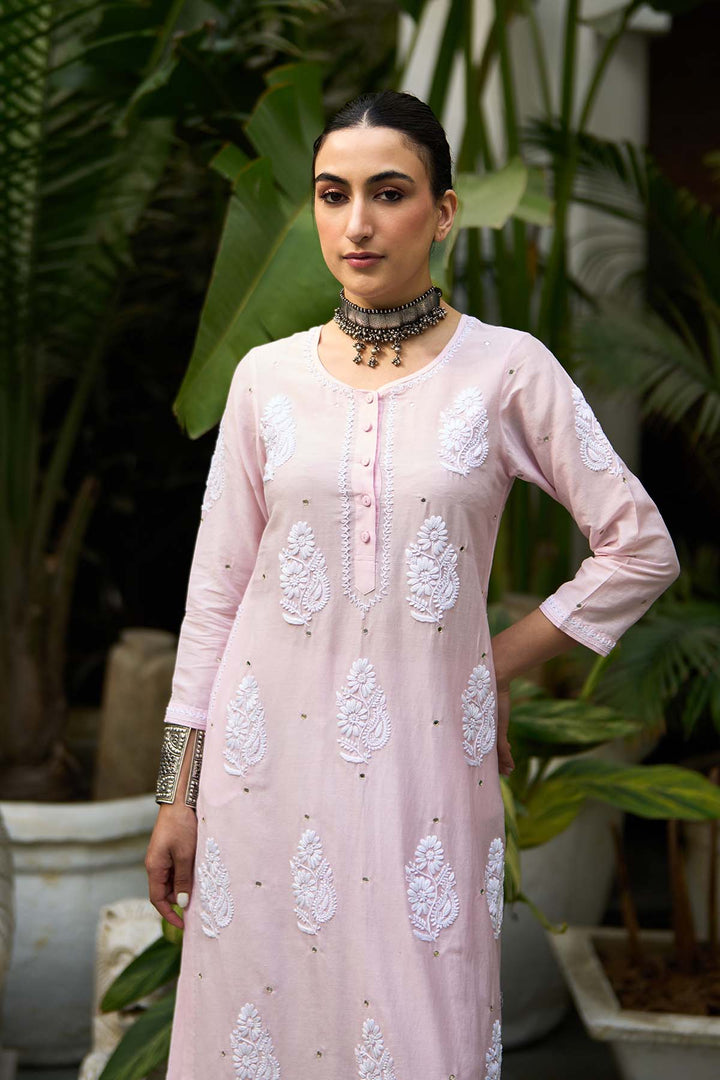 Chikankari pink straight kurta with palazzo ( set of 2 )