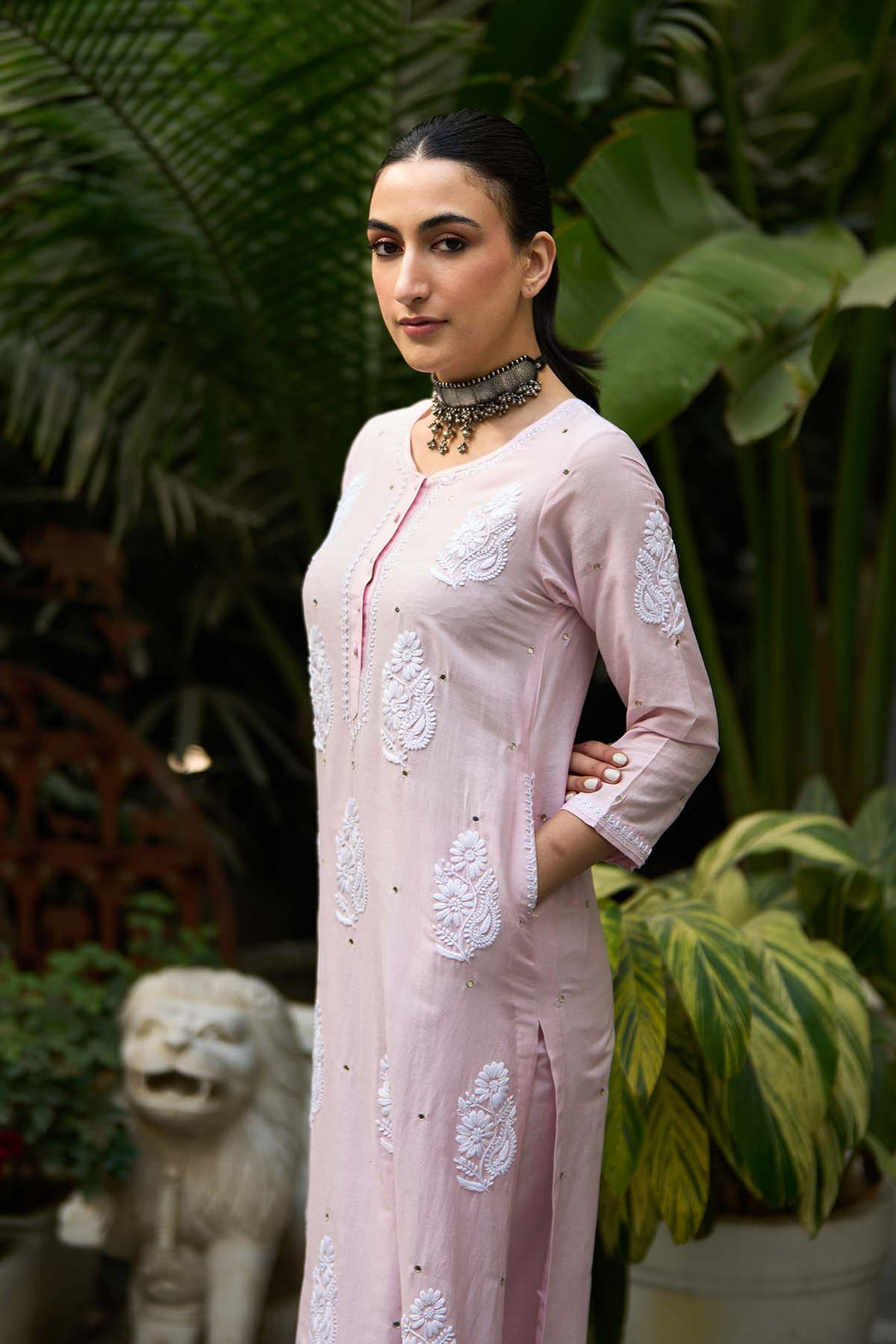 Chikankari pink straight kurta with palazzo ( set of 2 )