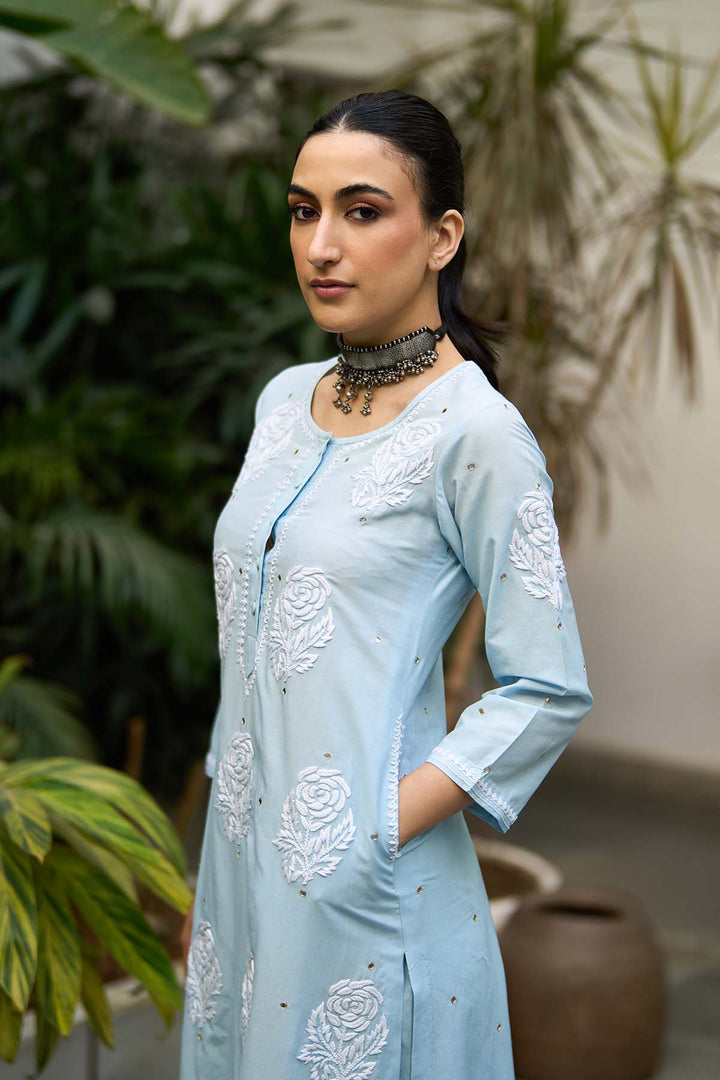 Chikankari blue straight kurta with palazzo ( set of 2 )