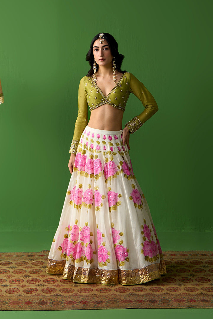 Sirat Vol. 2 Pink Hand Painted Lehenga With Green Blouse And Dupatta ( Set Of 3)