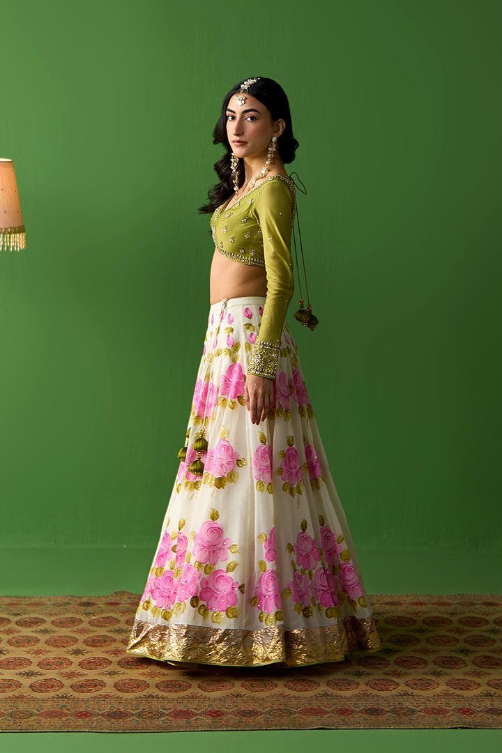 Sirat Vol. 2 Pink Hand Painted Lehenga With Green Blouse And Dupatta ( Set Of 3)