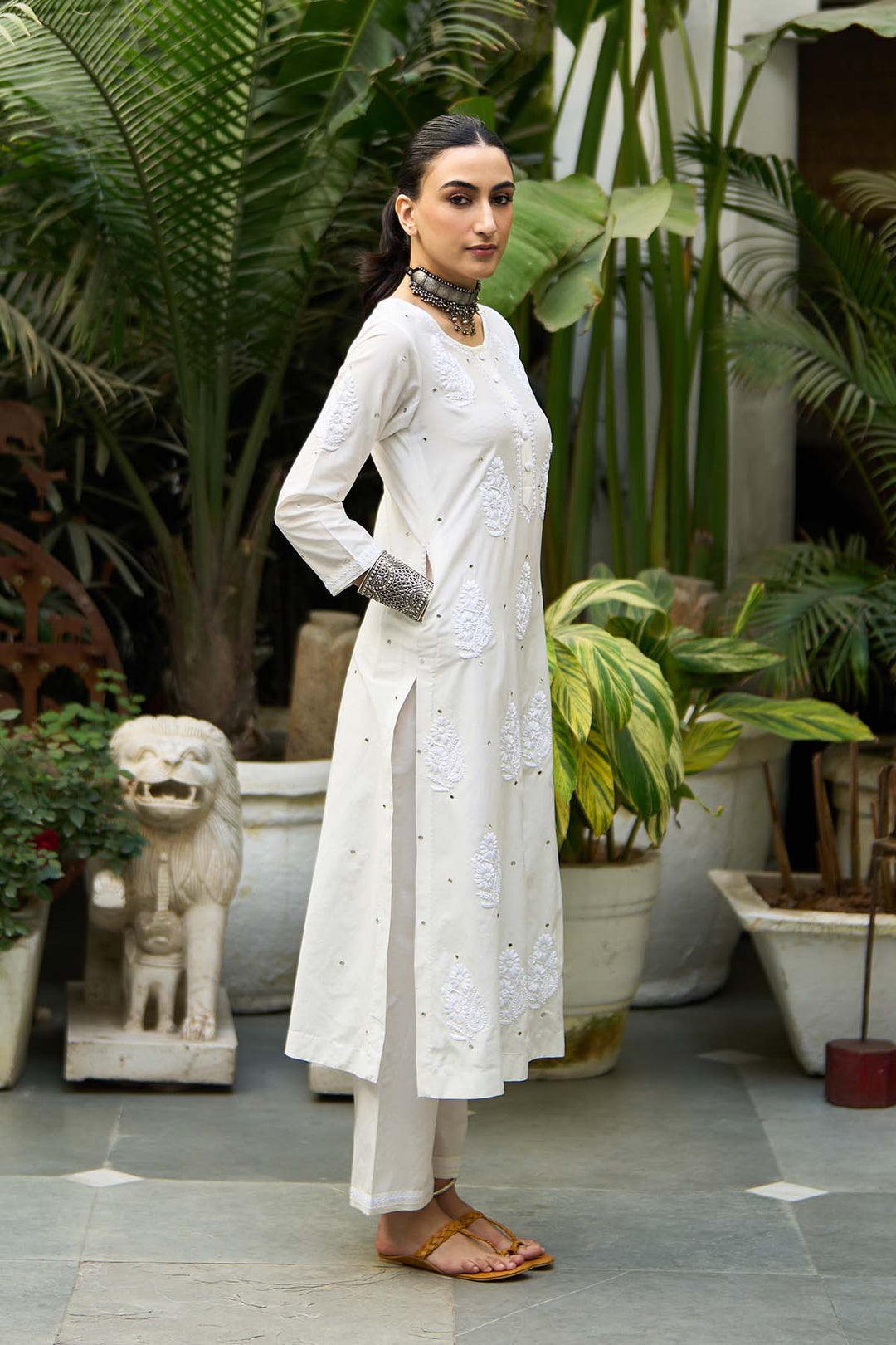 Chikankari white straight kurta with palazzo ( set of 2 )