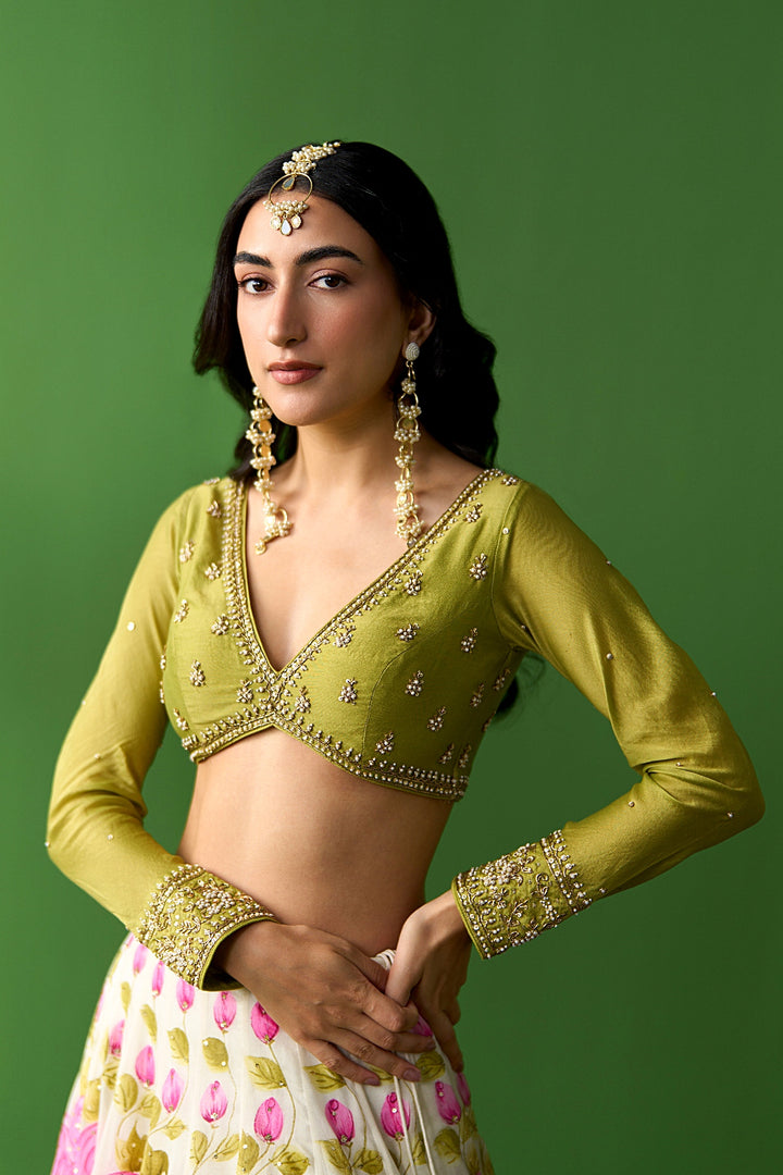 Sirat Vol. 2 Pink Hand Painted Lehenga With Green Blouse And Dupatta ( Set Of 3)