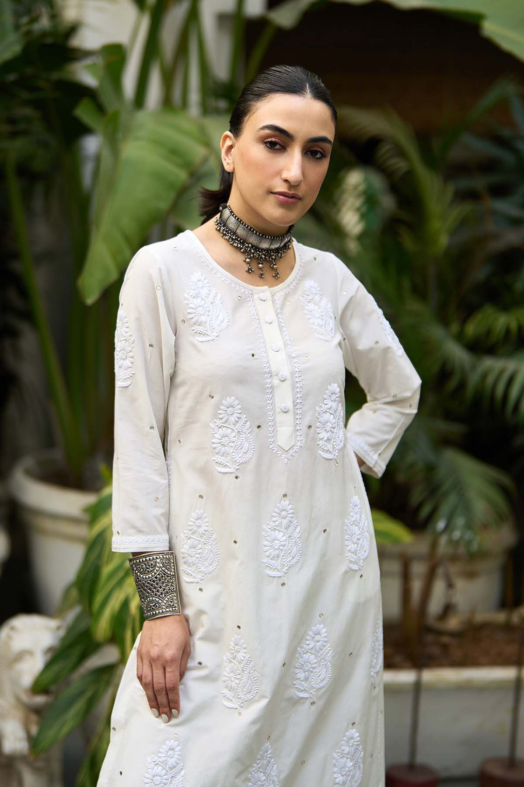 Chikankari white straight kurta with palazzo ( set of 2 )