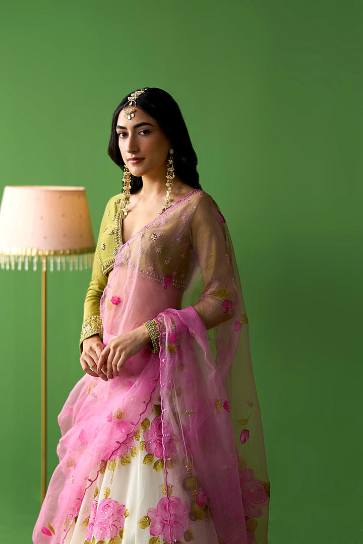 Sirat Vol. 2 Pink Hand Painted Lehenga With Green Blouse And Dupatta ( Set Of 3)