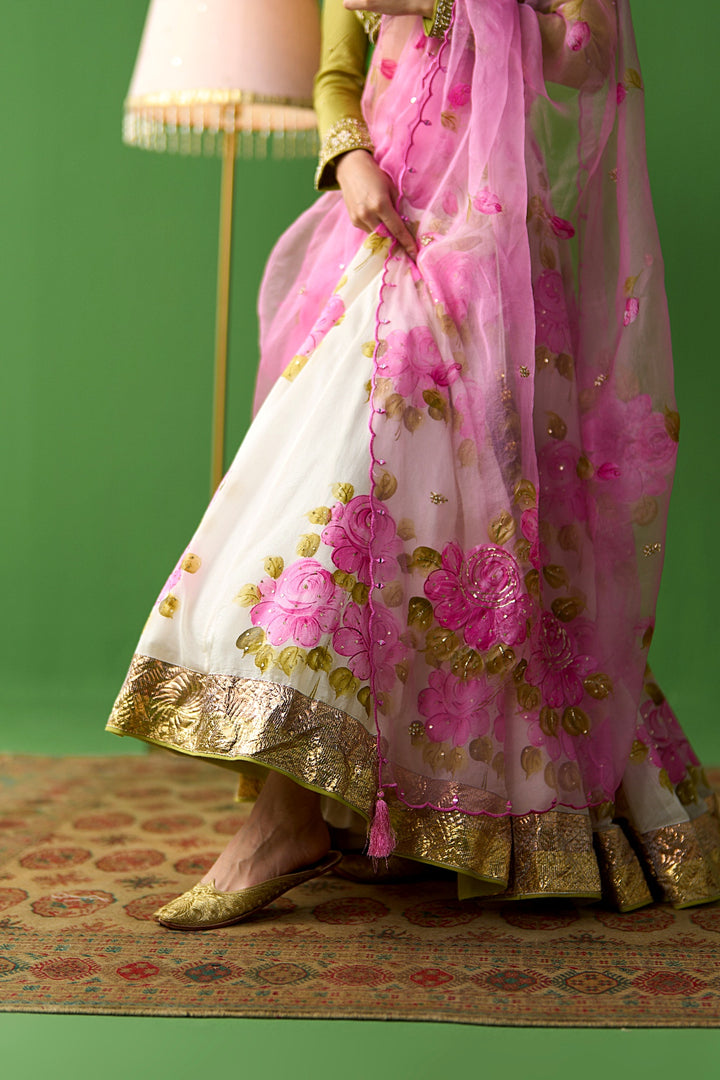 Sirat Vol. 2 Pink Hand Painted Lehenga With Green Blouse And Dupatta ( Set Of 3)