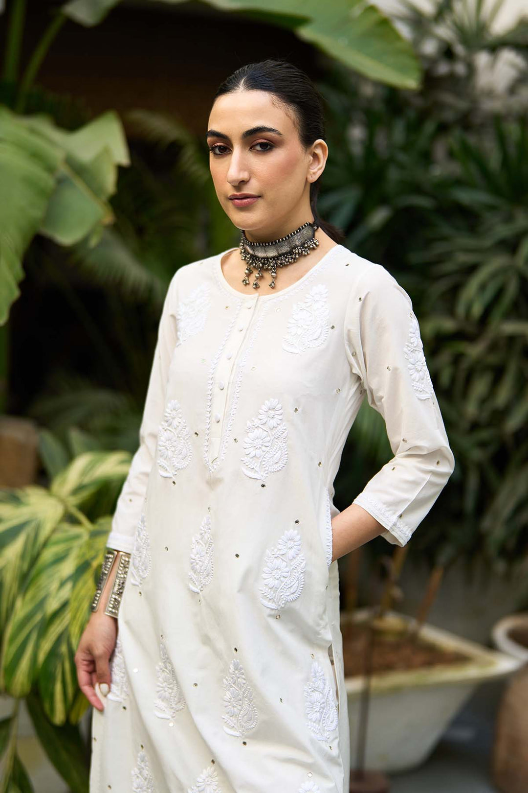 Chikankari white straight kurta with palazzo ( set of 2 )