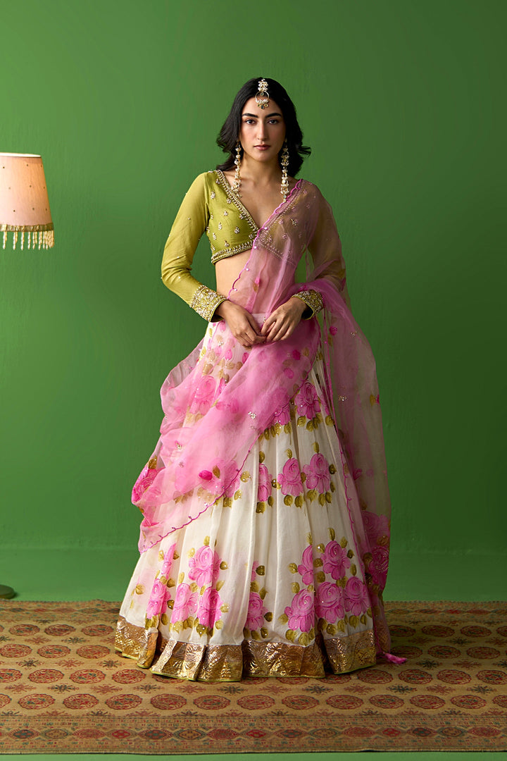 Sirat Vol. 2 Pink Hand Painted Lehenga With Green Blouse And Dupatta ( Set Of 3)