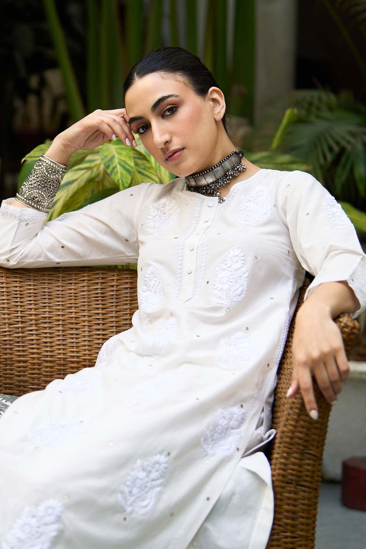 Chikankari white straight kurta with palazzo ( set of 2 )