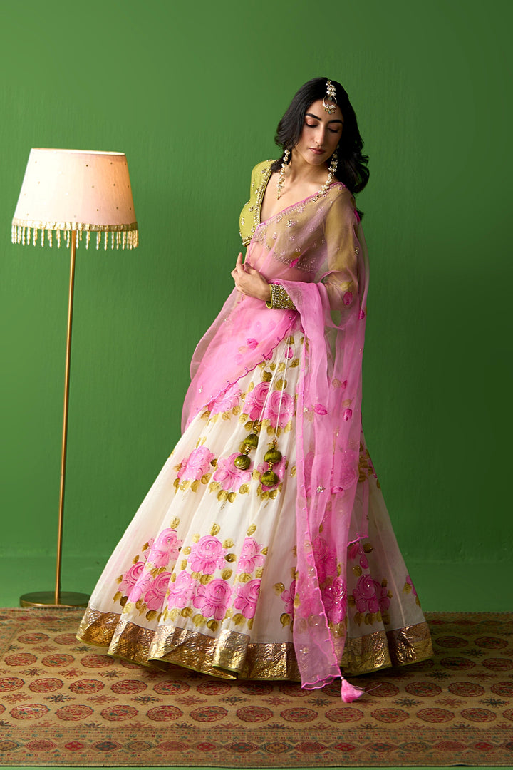 Sirat Vol. 2 Pink Hand Painted Lehenga With Green Blouse And Dupatta ( Set Of 3)