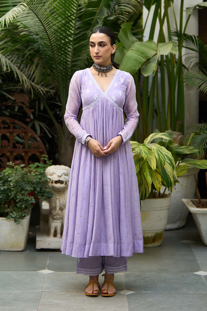 Chikankari lilac v neck anarkali with palazzo and dupatta ( set of 3 )