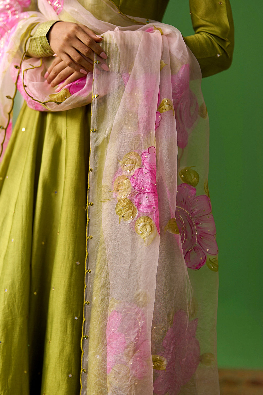 Sirat Vol. 2 Soft Pink Floral Hand Painted Soft Pink Organza Scallope Dupatta
