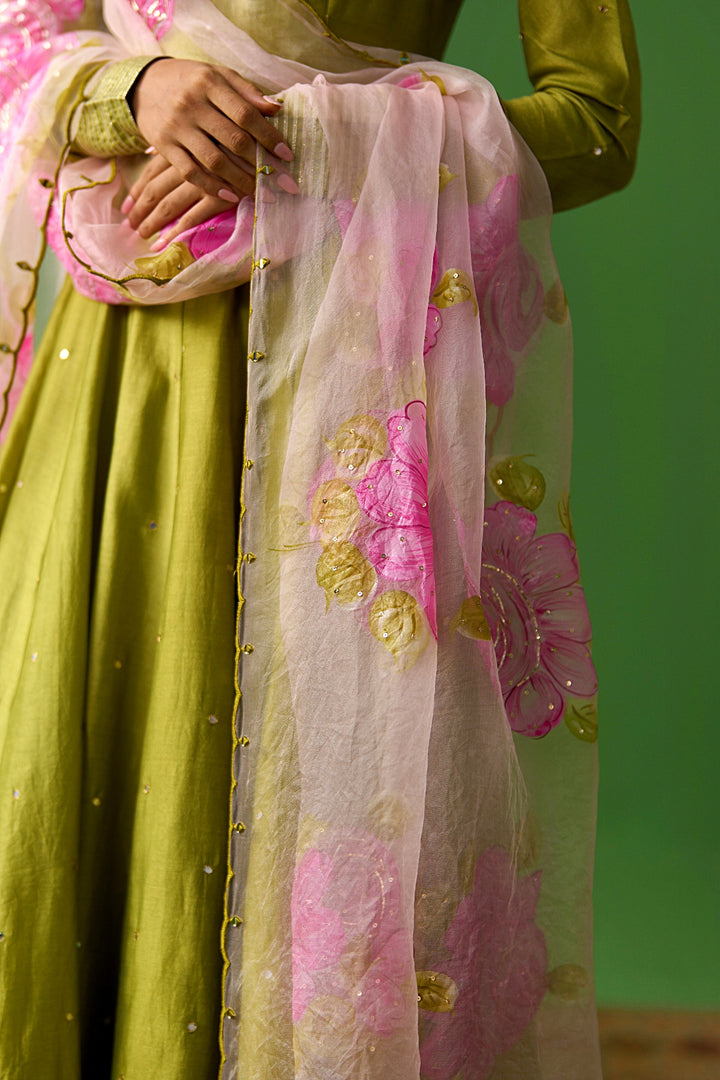 Sirat Vol. 2 Soft Pink Floral Hand Painted Soft Pink Organza Scallope Dupatta