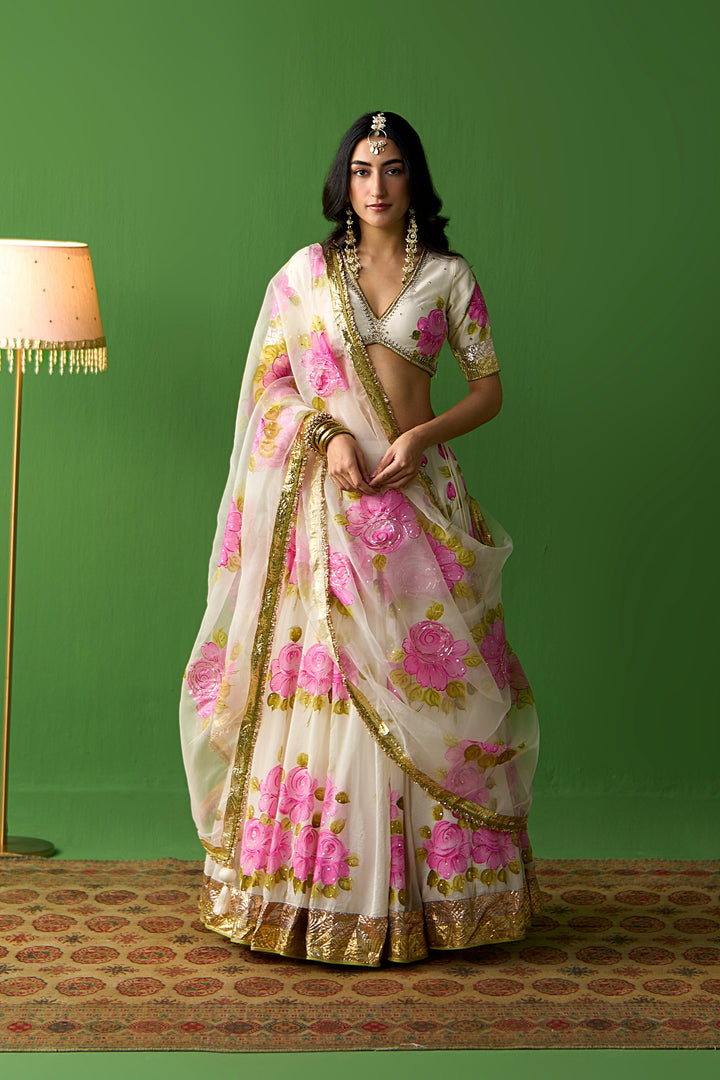 Sirat Vol. 2 Ivory Pink Hand Painted Lehenga Set ( Set Of 3)