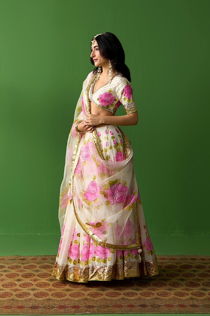 Sirat Vol. 2 Ivory Pink Hand Painted Lehenga Set ( Set Of 3)