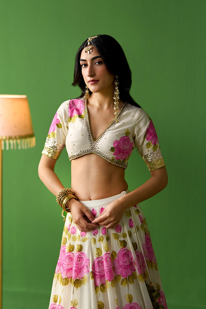 Sirat Vol. 2 Ivory Pink Hand Painted Lehenga Set ( Set Of 3)