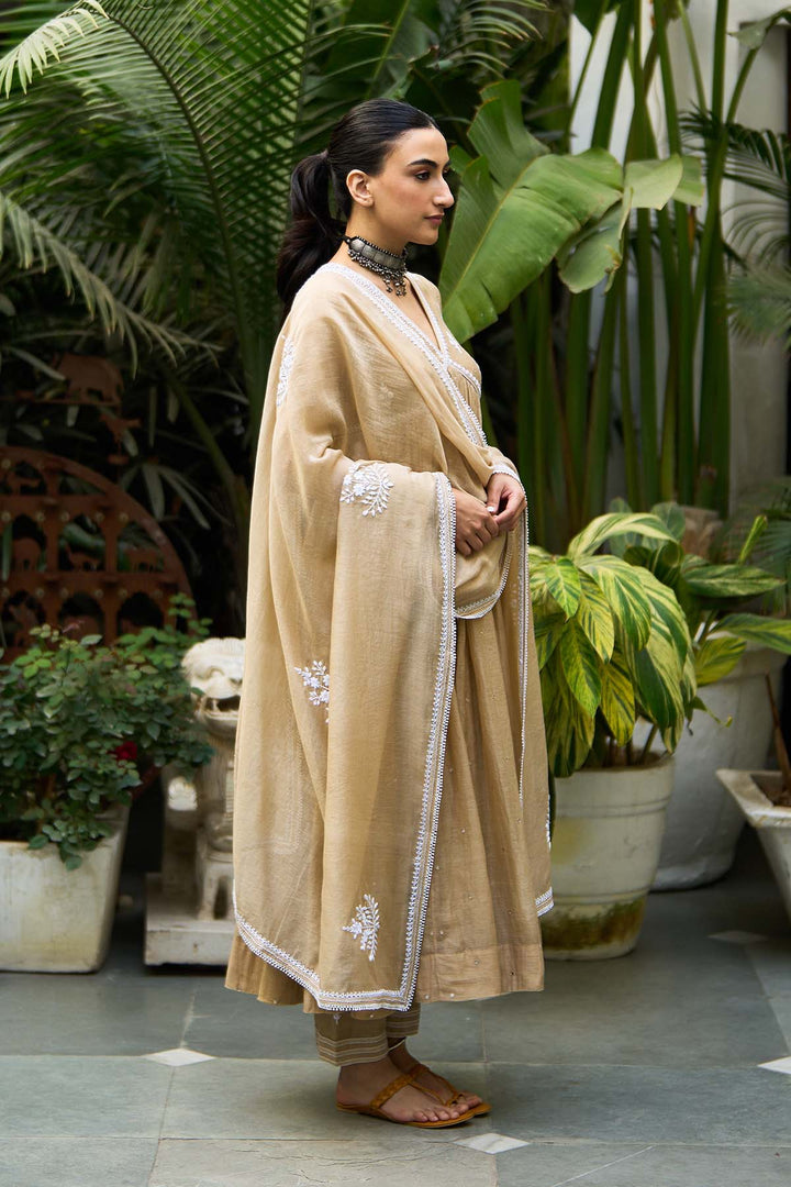 Chikankari biege v neck anarkali with palazzo and dupatta ( set of 3 )