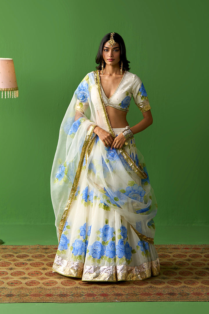Sirat Vol. 2 Ivory Blue Floral Hand Painted Dupatta