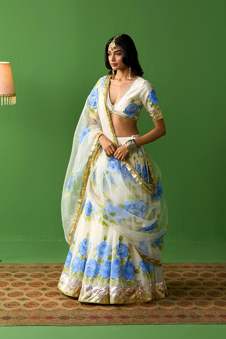 Sirat Vol. 2 Ivory Blue Floral Hand Painted Dupatta