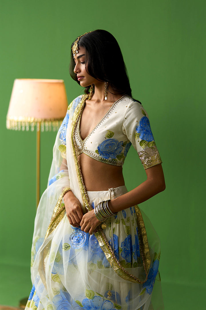 Sirat Vol. 2 Ivory Blue Floral Hand Painted Dupatta