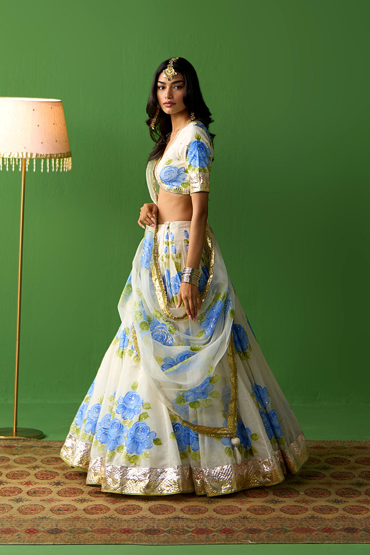 Sirat Vol. 2 Ivory Blue Hand Painted Lehenga Set ( Set Of 3)