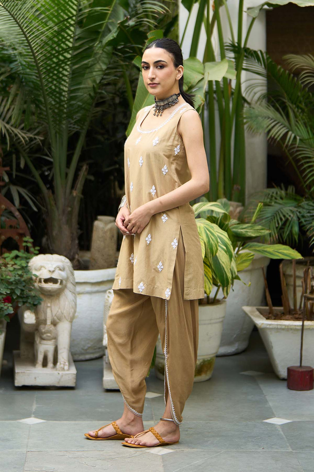chikankari biege short kurta with tulip pants and jacket( set of 3)