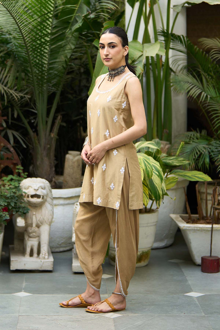 Chikankari biege short kurta with tulip pants ( set of 2 )